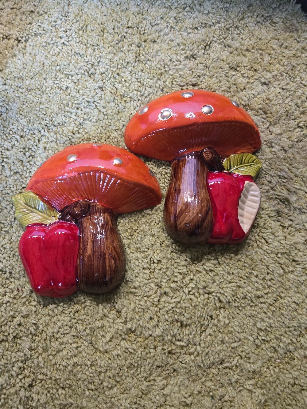 Vintage Chalkware Mushroom Plaques with Red Apple Accents